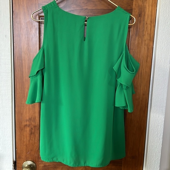 Ruffled Cold Shoulder Feminine Blouse with Short Ruffle Sleeves in Green| S - Picture 2 of 9
